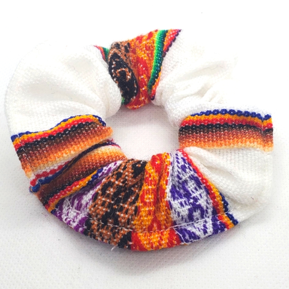 Peruvian Vibrant White And Multicolor Scrunchie- Created By Artisans